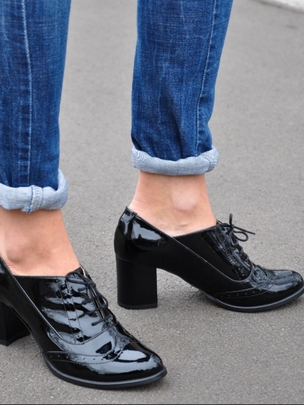 JULIA BO Kent Handcrafted Brogues Heeled Oxfords Black Patent Leather 37 6.5 7